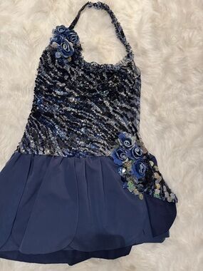 Navy Sequin Floral Halter Dress